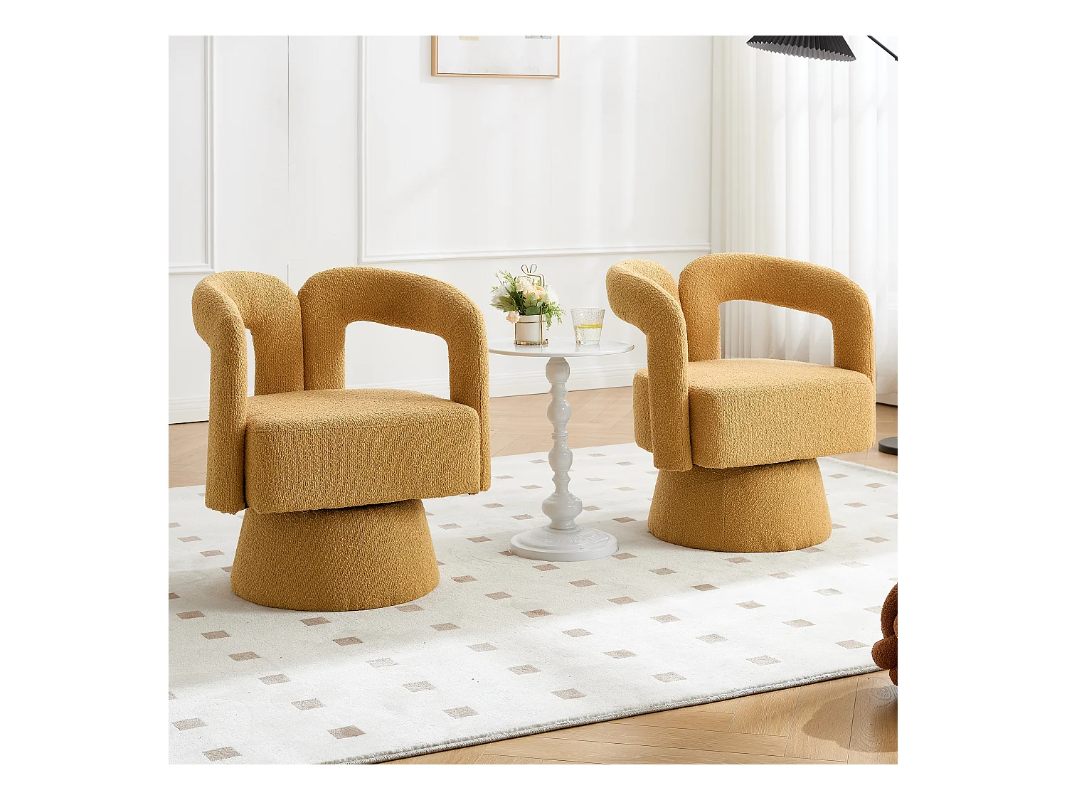 Fauteuil Pivotant à 360° avec Accoudoirs Ronds, Design Moderne, Tissu Bouclé, Jaune Moutarde, (67x55x74 cm)