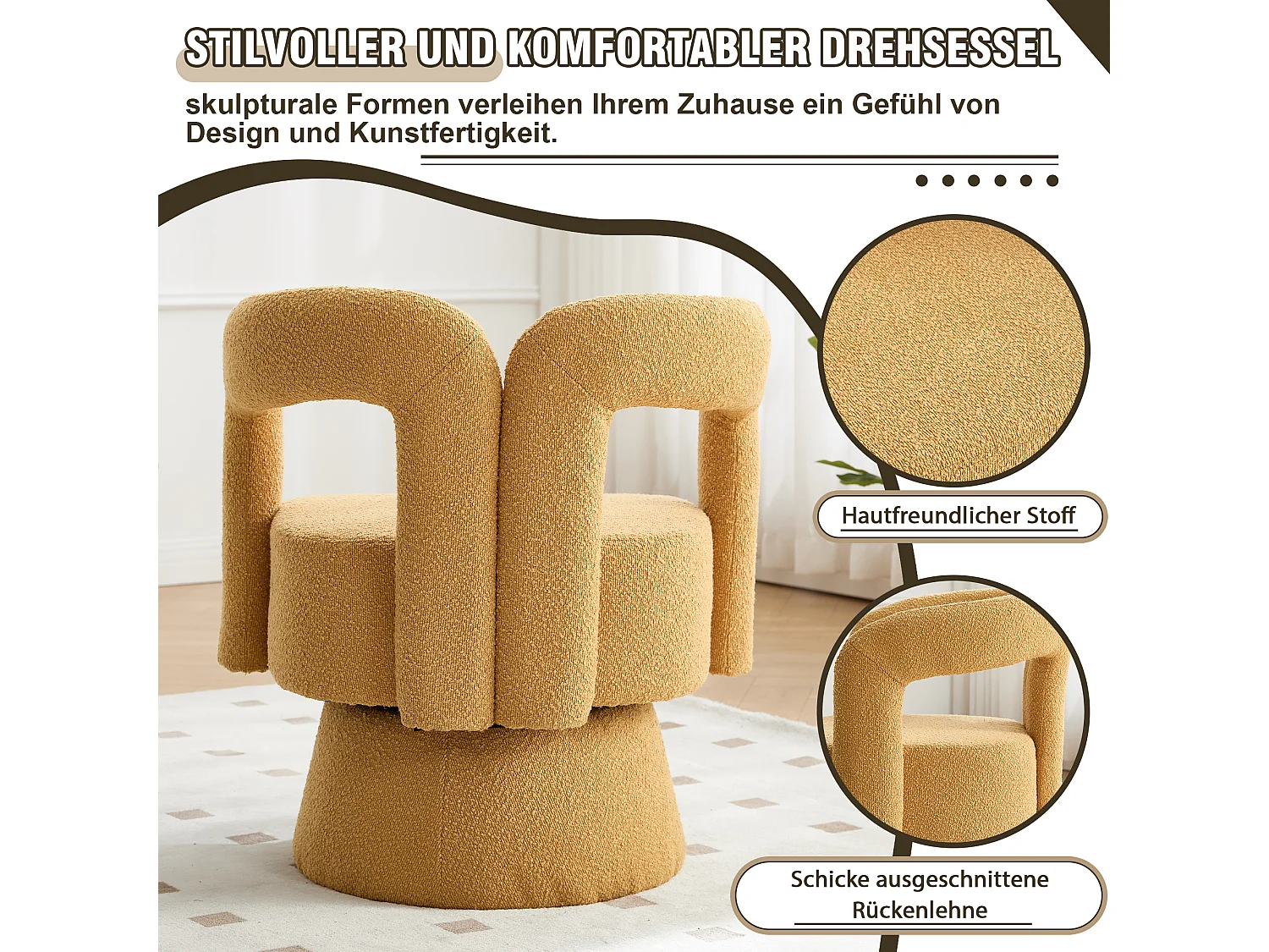 Fauteuil Pivotant à 360° avec Accoudoirs Ronds, Design Moderne, Tissu Bouclé, Jaune Moutarde, (67x55x74 cm)