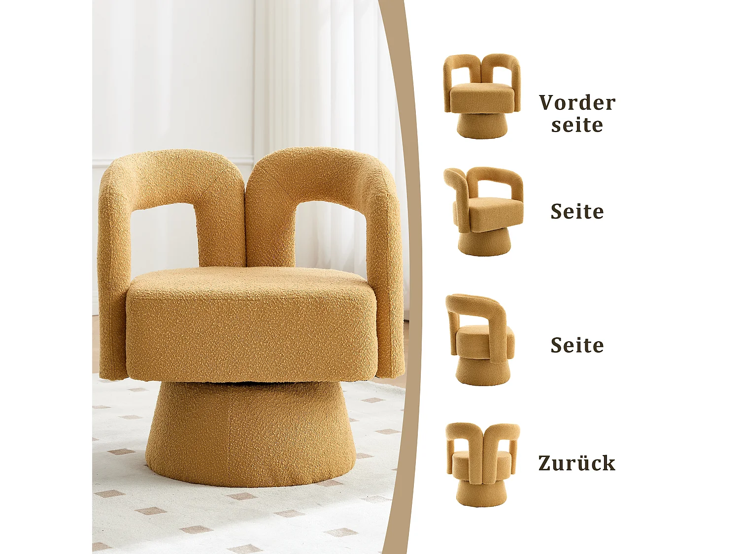 Fauteuil Pivotant à 360° avec Accoudoirs Ronds, Design Moderne, Tissu Bouclé, Jaune Moutarde, (67x55x74 cm)