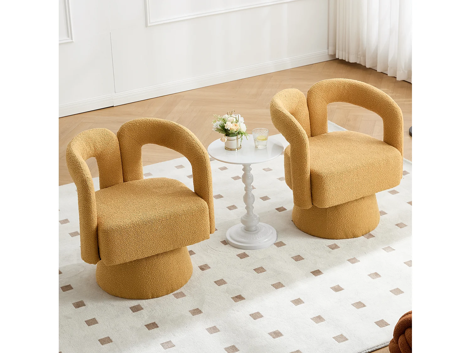 Fauteuil Pivotant à 360° avec Accoudoirs Ronds, Design Moderne, Tissu Bouclé, Jaune Moutarde, (67x55x74 cm)