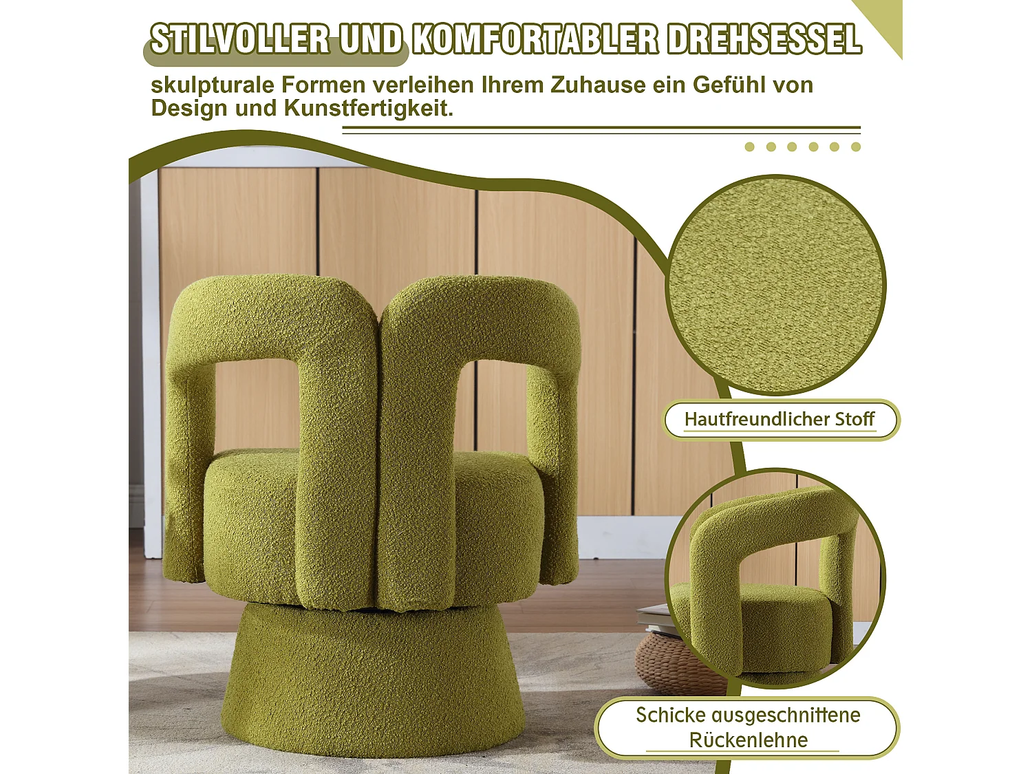 Fauteuil d'Accent Rotatif 360°, Tissu Bouclé Doux, Rembourrage Large, Olive, Design Moderne, Pour Salon, Chambre, Bureau (67x55x74 cm)