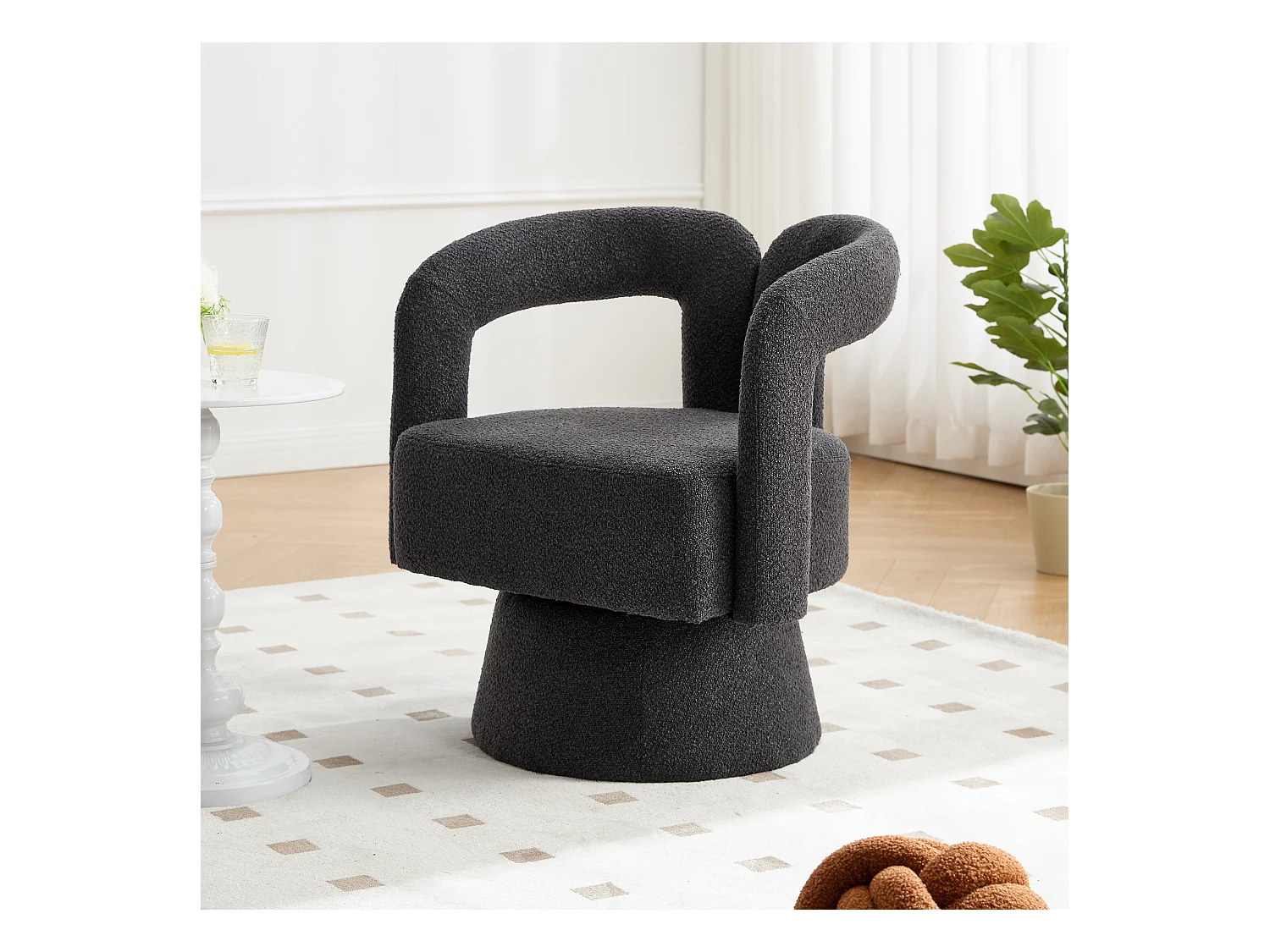 Fauteuil pivotant 360° en tissu bouclé, design moderne avec large assise rembourrée, gris anthracite (67x55x74cm)
