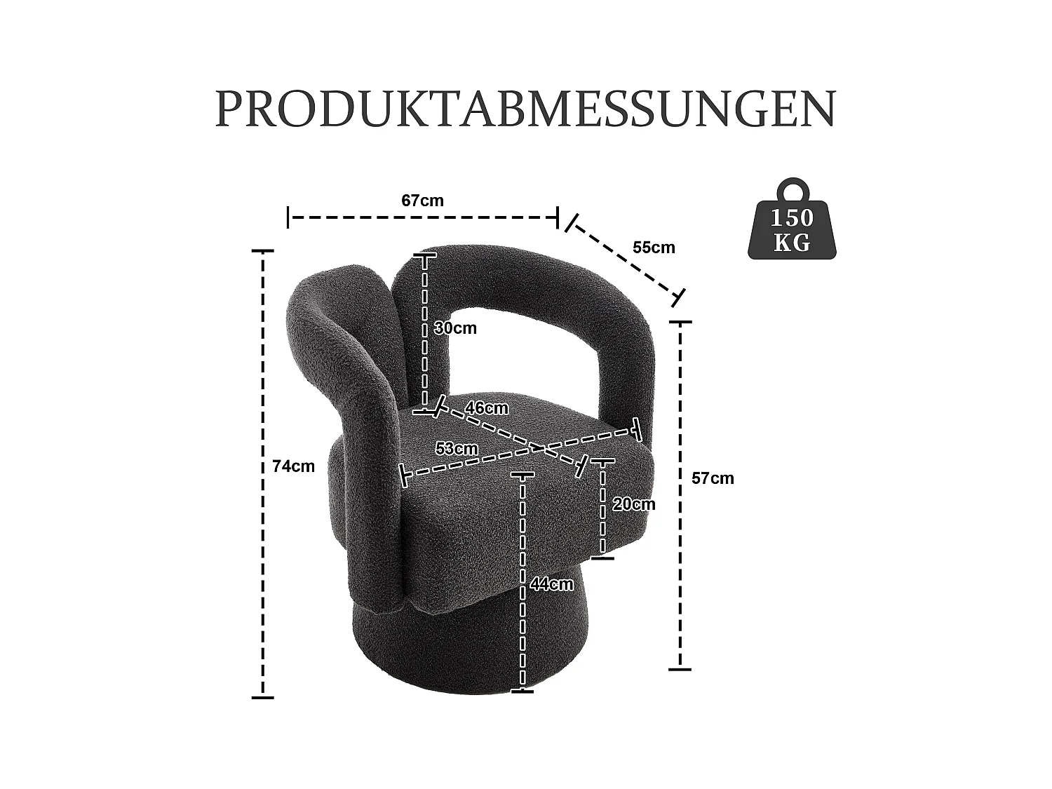 Fauteuil pivotant 360° en tissu bouclé, design moderne avec large assise rembourrée, gris anthracite (67x55x74cm)