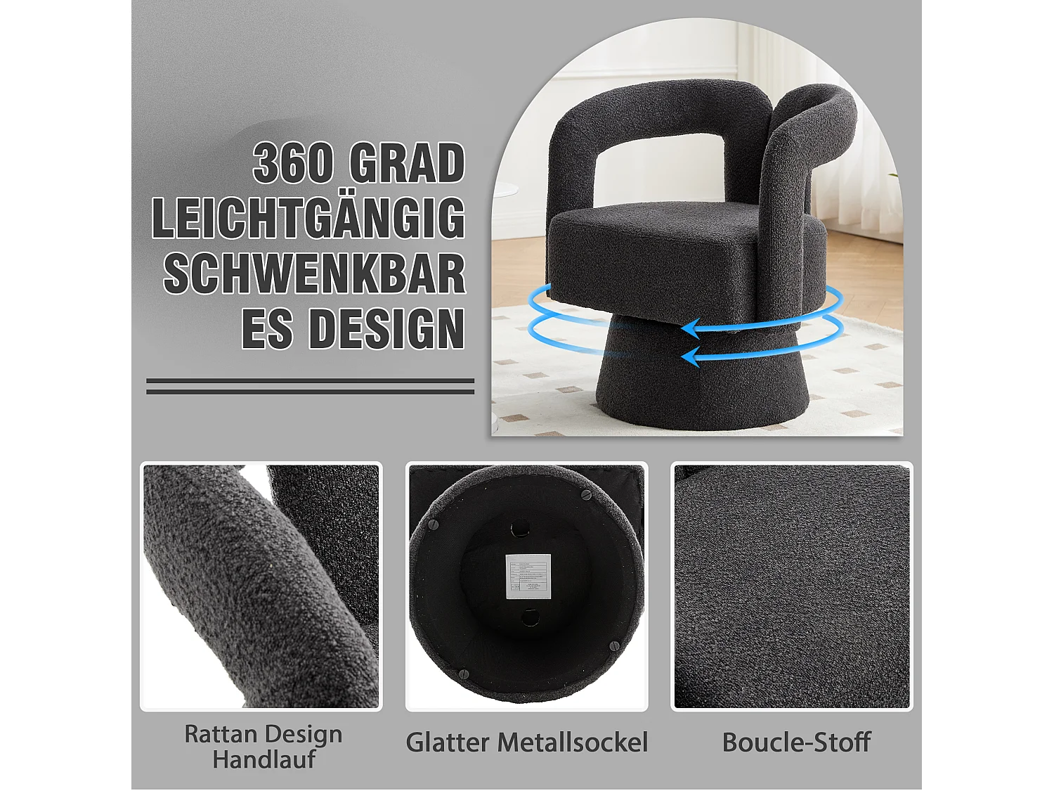 Fauteuil pivotant 360° en tissu bouclé, design moderne avec large assise rembourrée, gris anthracite (67x55x74cm)