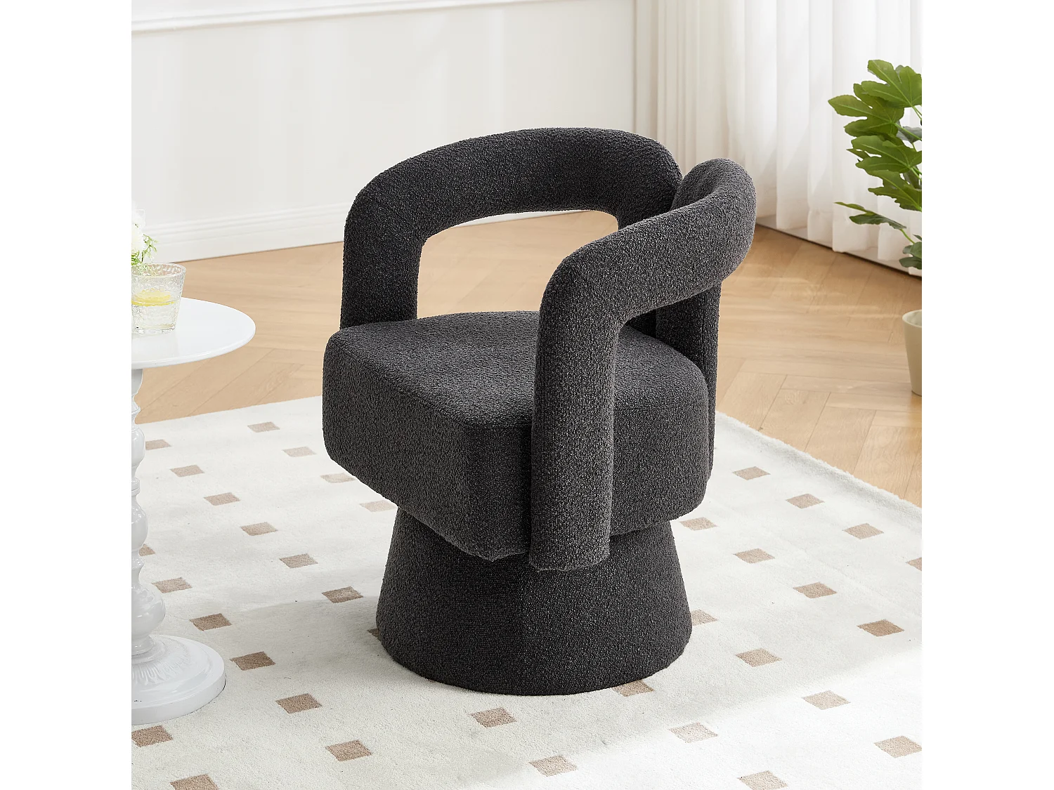 Fauteuil pivotant 360° en tissu bouclé, design moderne avec large assise rembourrée, gris anthracite (67x55x74cm)