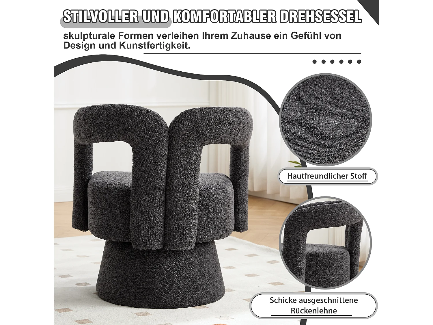 Fauteuil pivotant 360° en tissu bouclé, design moderne avec large assise rembourrée, gris anthracite (67x55x74cm)