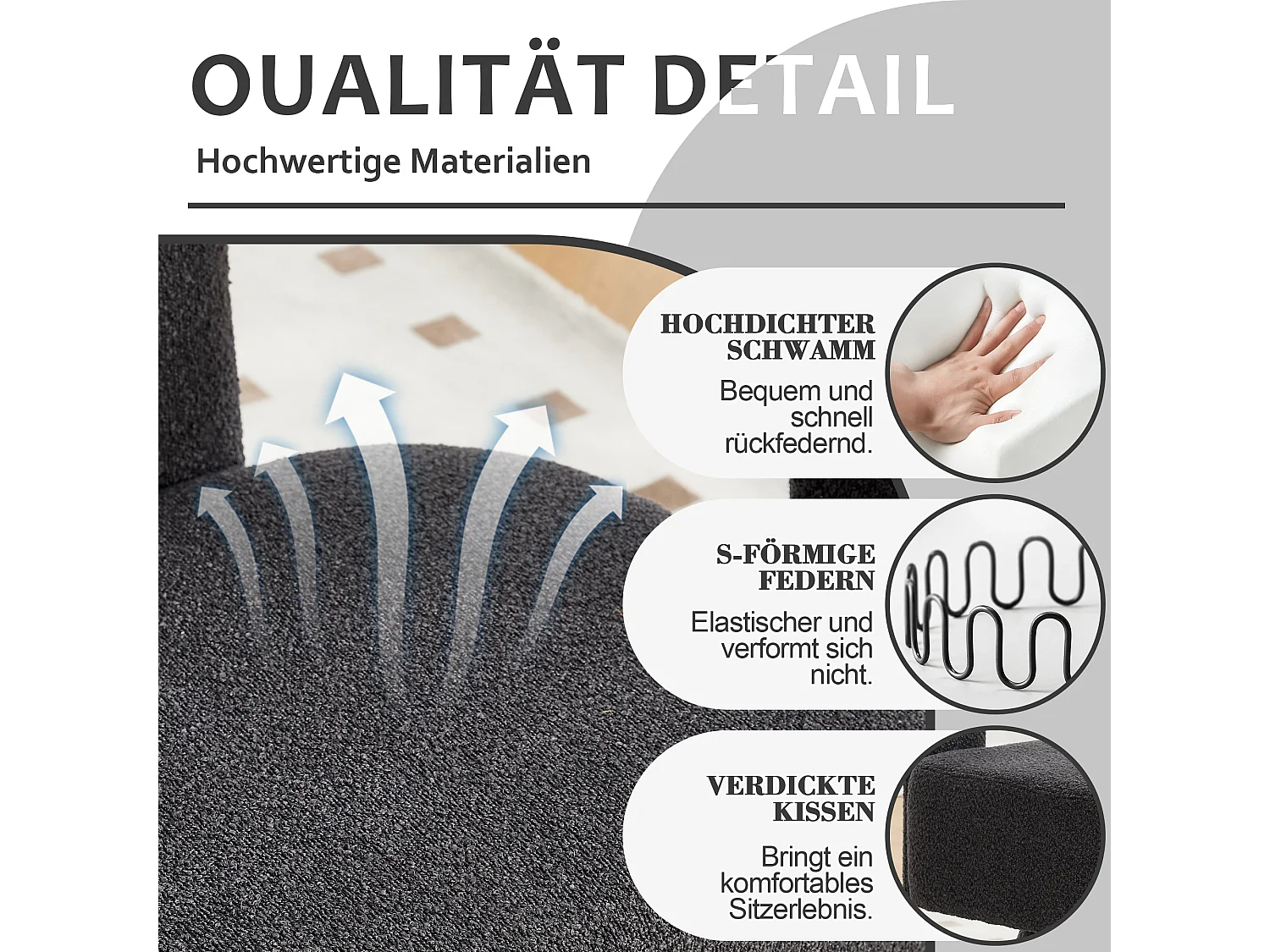 Fauteuil pivotant 360° en tissu bouclé, design moderne avec large assise rembourrée, gris anthracite (67x55x74cm)