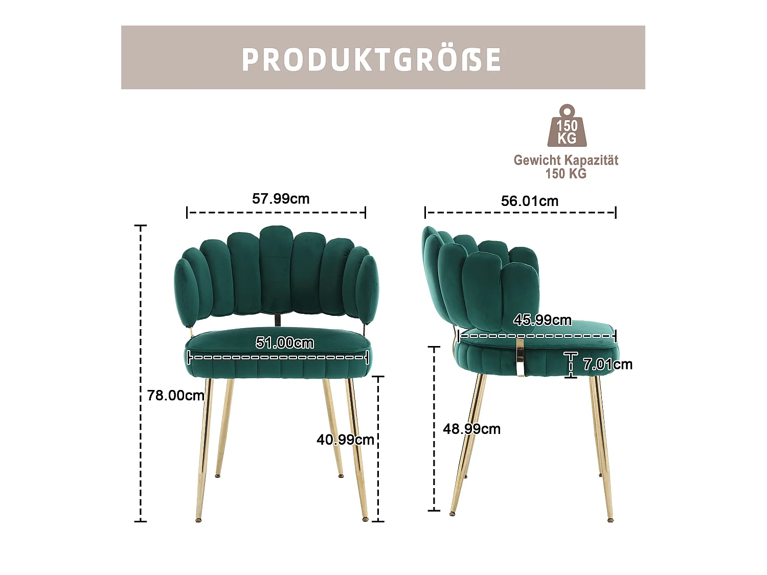Fauteuil moderne en velours, dossier en forme de fleur, accoudoirs arrondis, pieds en métal, vert émeraude (58x56x78 cm, lot de 2)