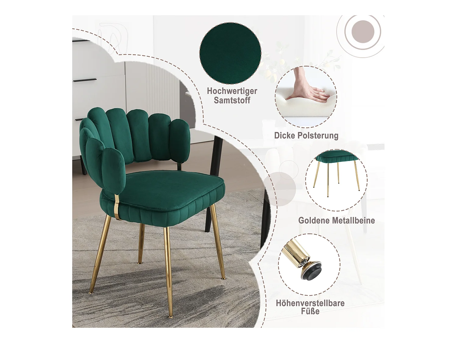 Fauteuil moderne en velours, dossier en forme de fleur, accoudoirs arrondis, pieds en métal, vert émeraude (58x56x78 cm, lot de 2)