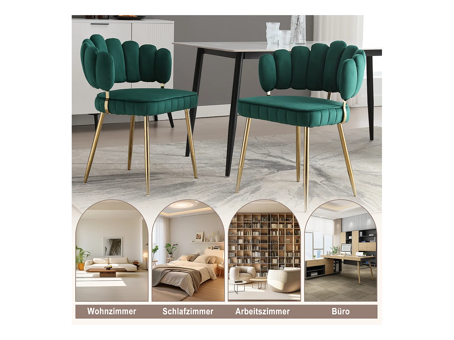 Fauteuil moderne en velours, dossier en forme de fleur, accoudoirs arrondis, pieds en métal, vert émeraude (58x56x78 cm, lot de 2)