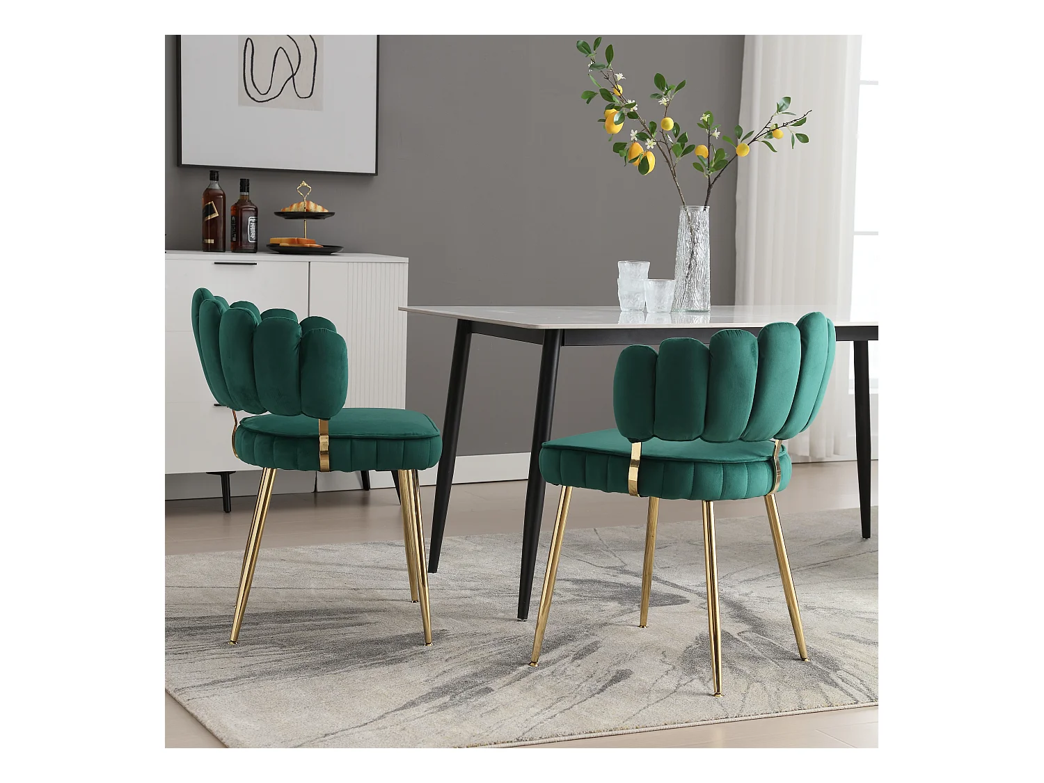 Fauteuil moderne en velours, dossier en forme de fleur, accoudoirs arrondis, pieds en métal, vert émeraude (58x56x78 cm, lot de 2)