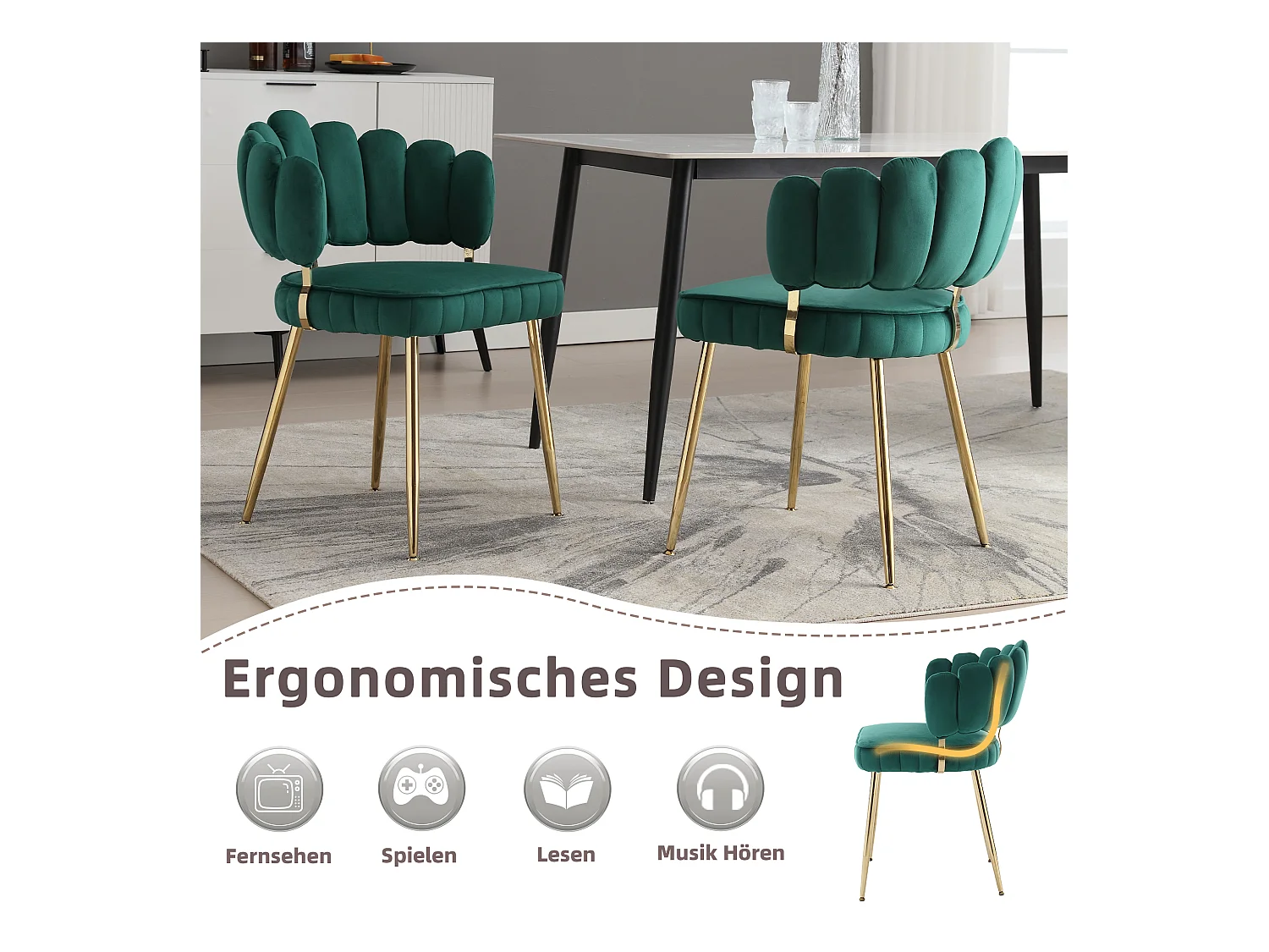 Fauteuil moderne en velours, dossier en forme de fleur, accoudoirs arrondis, pieds en métal, vert émeraude (58x56x78 cm, lot de 2)