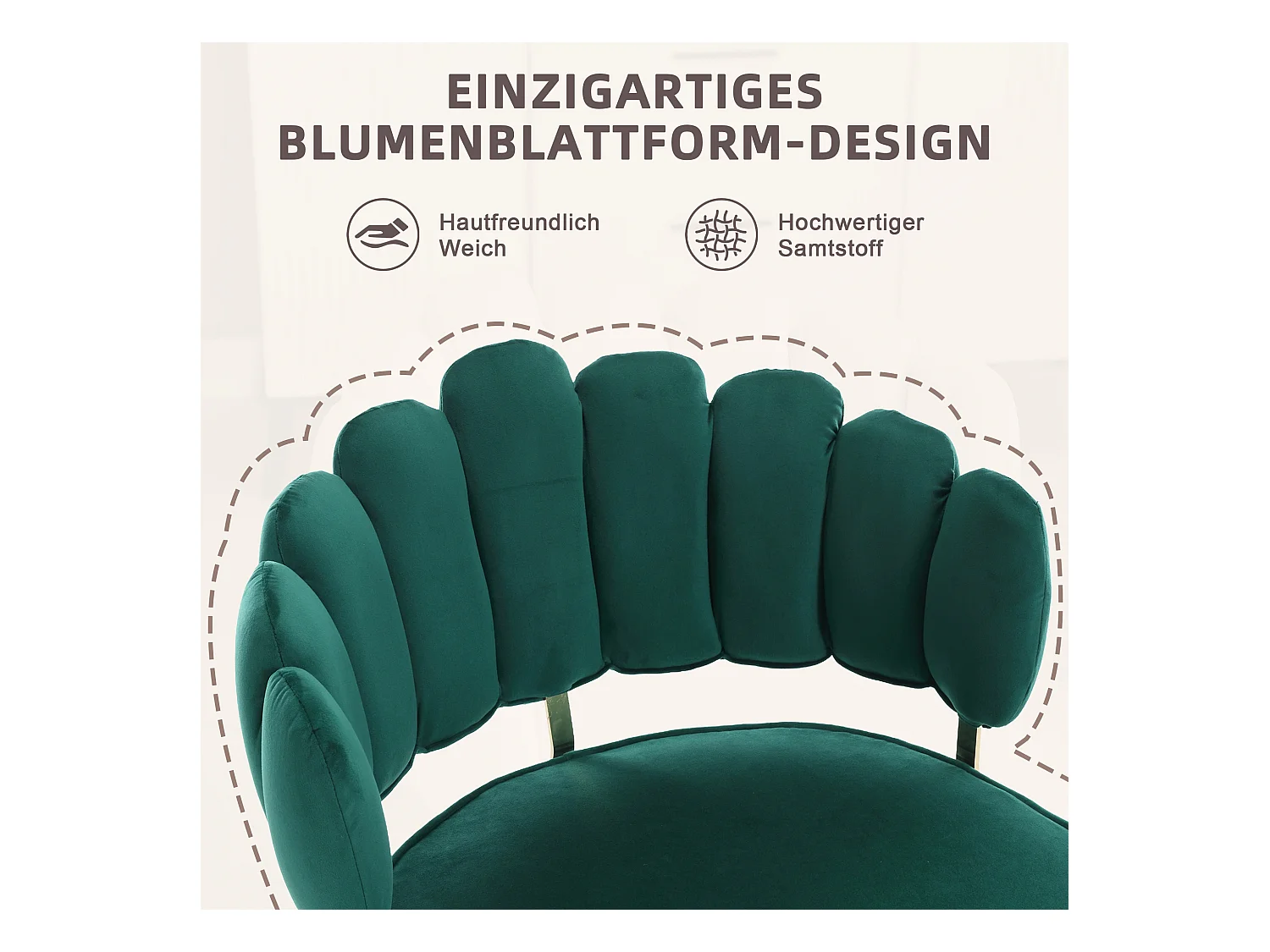 Fauteuil moderne en velours, dossier en forme de fleur, accoudoirs arrondis, pieds en métal, vert émeraude (58x56x78 cm, lot de 2)