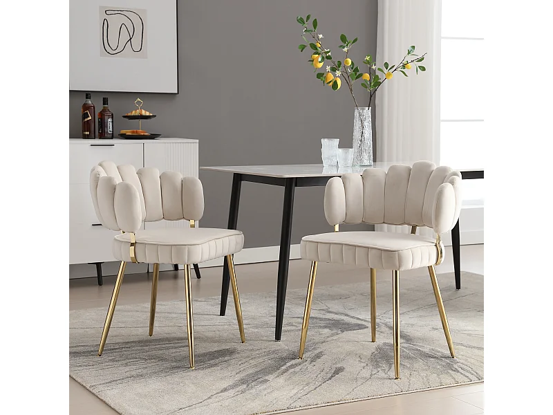 Fauteuil en velours moderne avec dossier fleuri et pieds métalliques, ivoire (58x56x78cm)