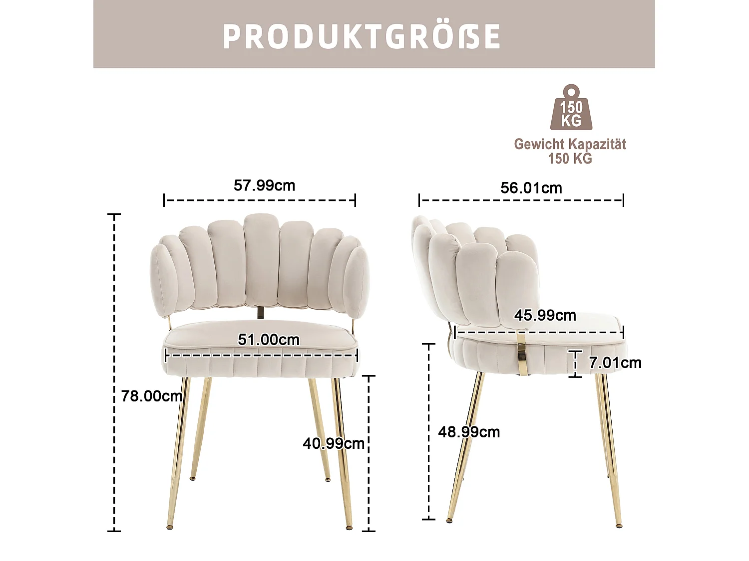 Fauteuil en velours moderne avec dossier fleuri et pieds métalliques, ivoire (58x56x78cm)