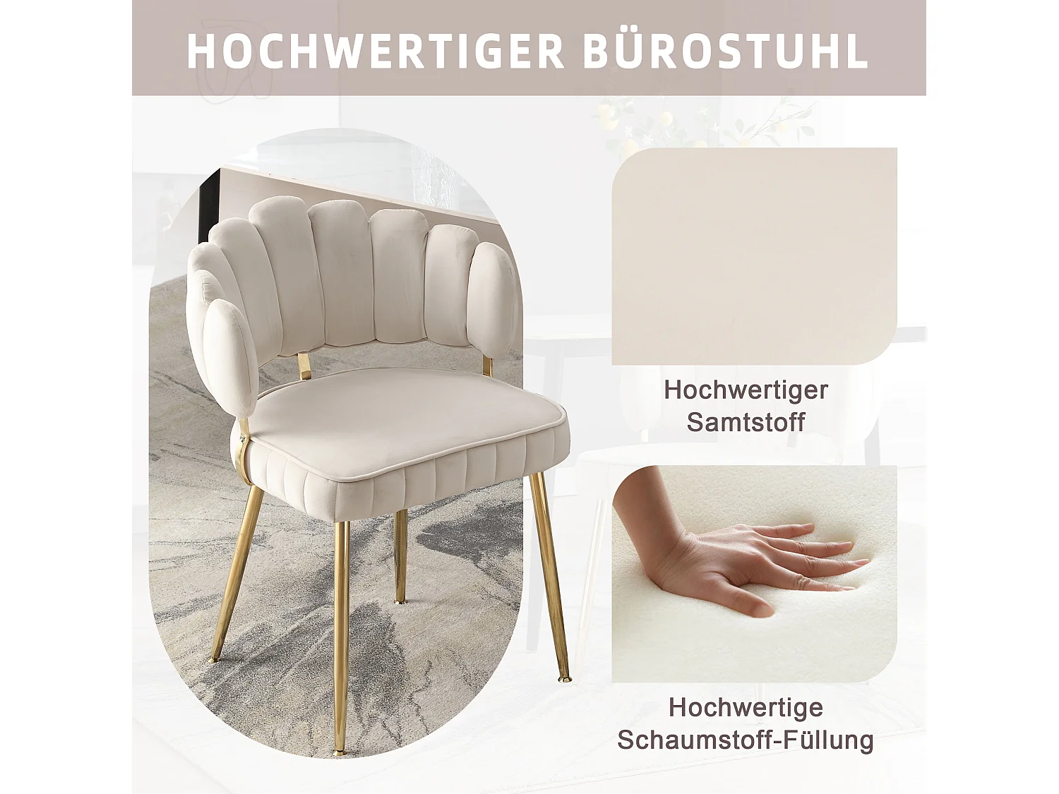 Fauteuil en velours moderne avec dossier fleuri et pieds métalliques, ivoire (58x56x78cm)