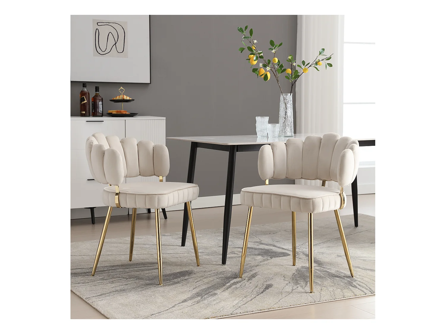 Fauteuil en velours moderne avec dossier fleuri et pieds métalliques, ivoire (58x56x78cm)
