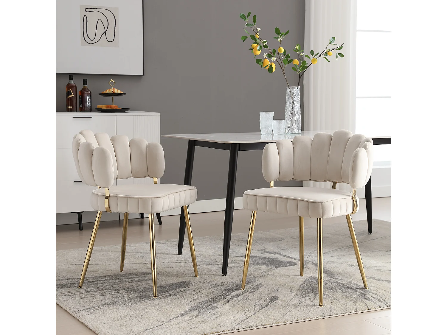 Fauteuil en velours moderne avec dossier fleuri et pieds métalliques, ivoire (58x56x78cm)