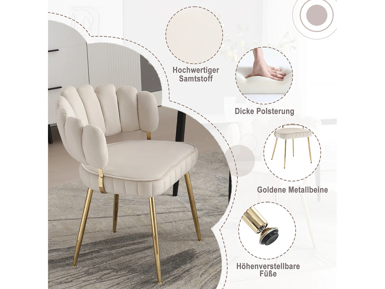 Fauteuil en velours moderne avec dossier fleuri et pieds métalliques, ivoire (58x56x78cm)