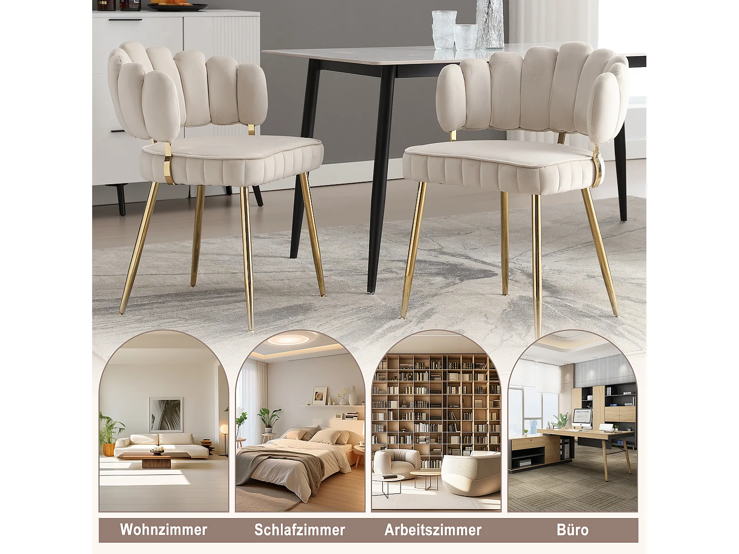 Fauteuil en velours moderne avec dossier fleuri et pieds métalliques, ivoire (58x56x78cm)