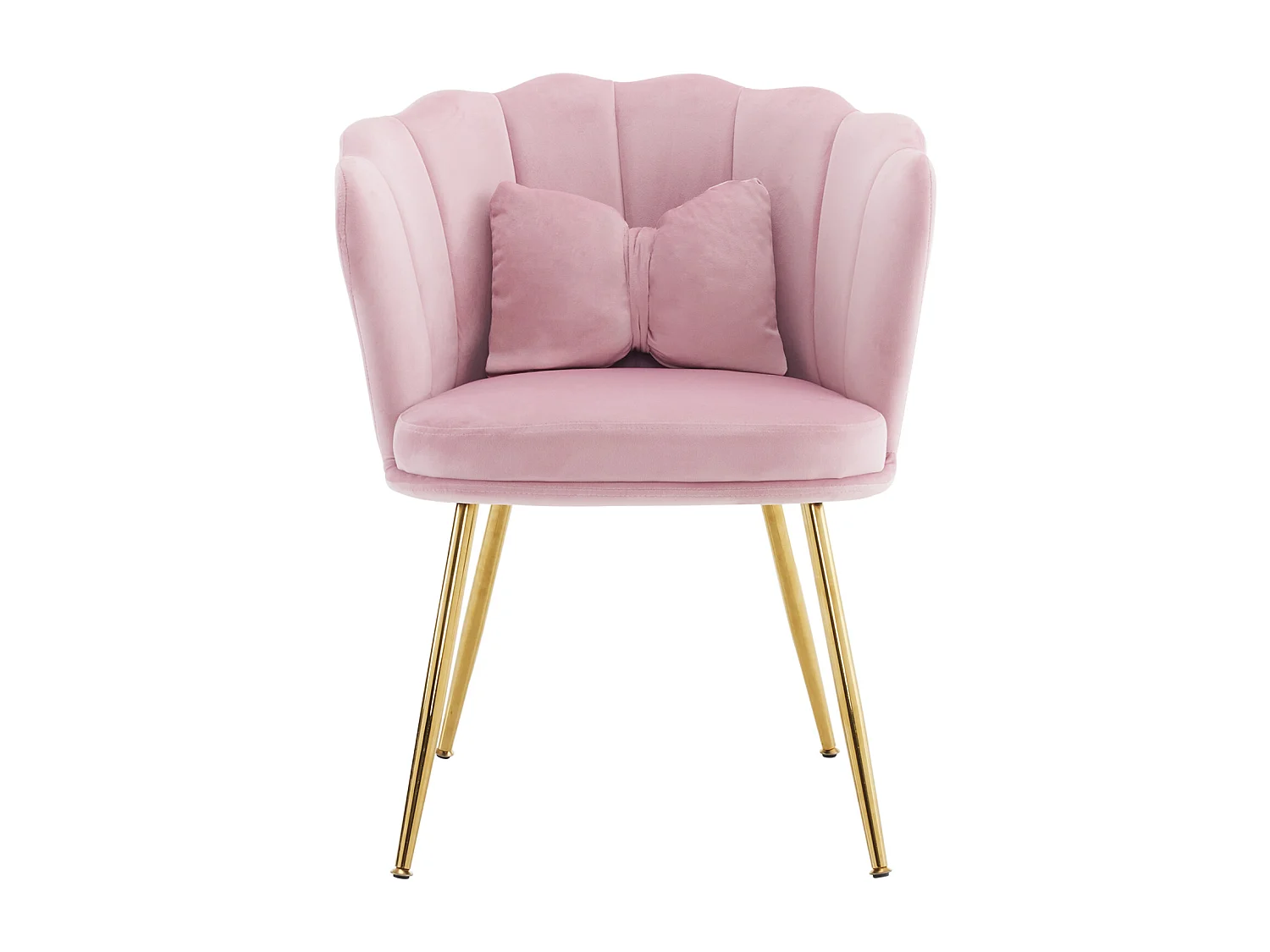 Poltrona moderna in velluto con schienale a forma di petalo e gambe in metallo dorato, cuscino decorativo (63x58x77 cm)