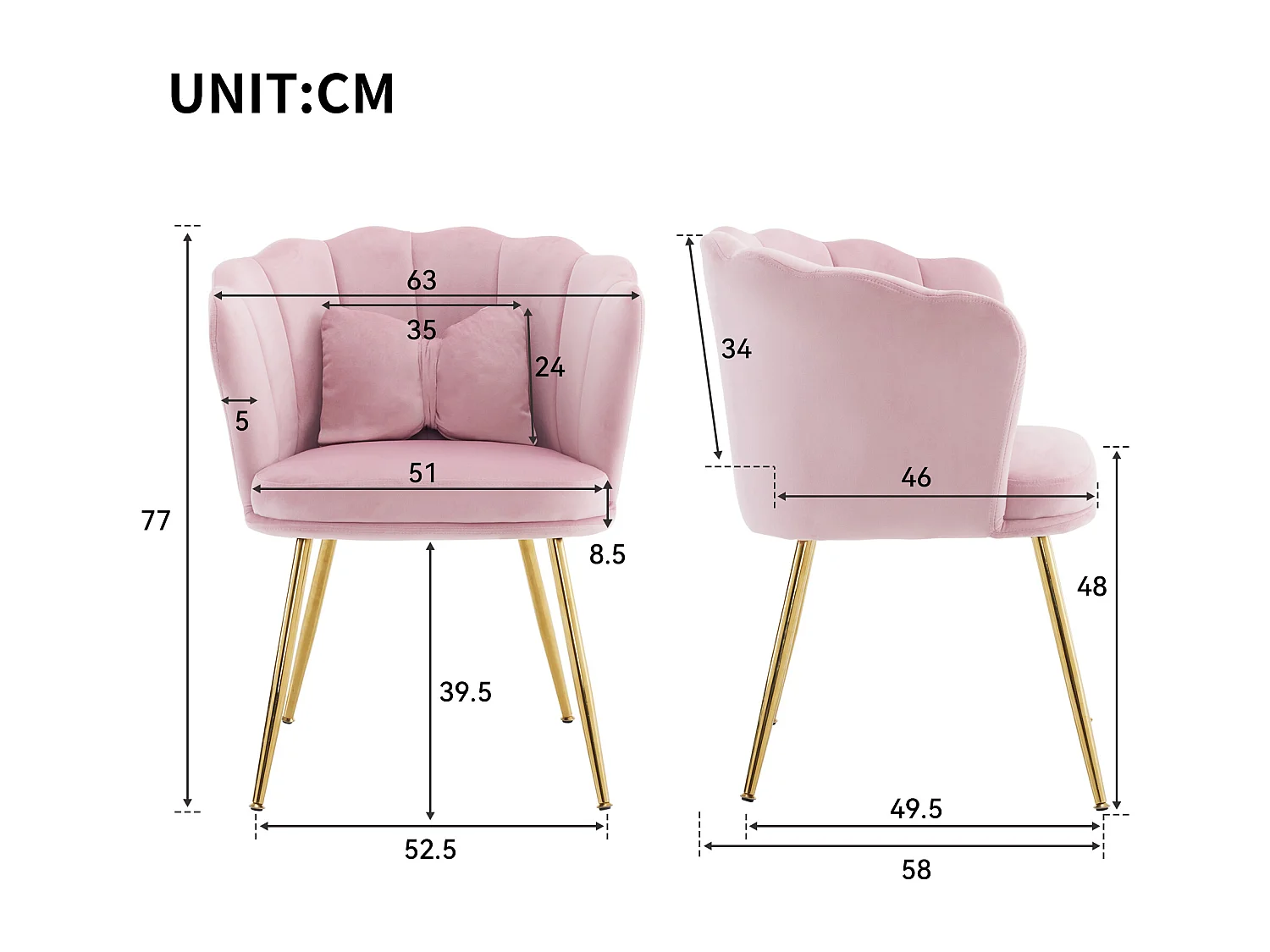 Fauteuil moderne en velours avec dossier en forme de pétale et pieds métalliques dorés, coussin décoratif (63x58x77 cm)
