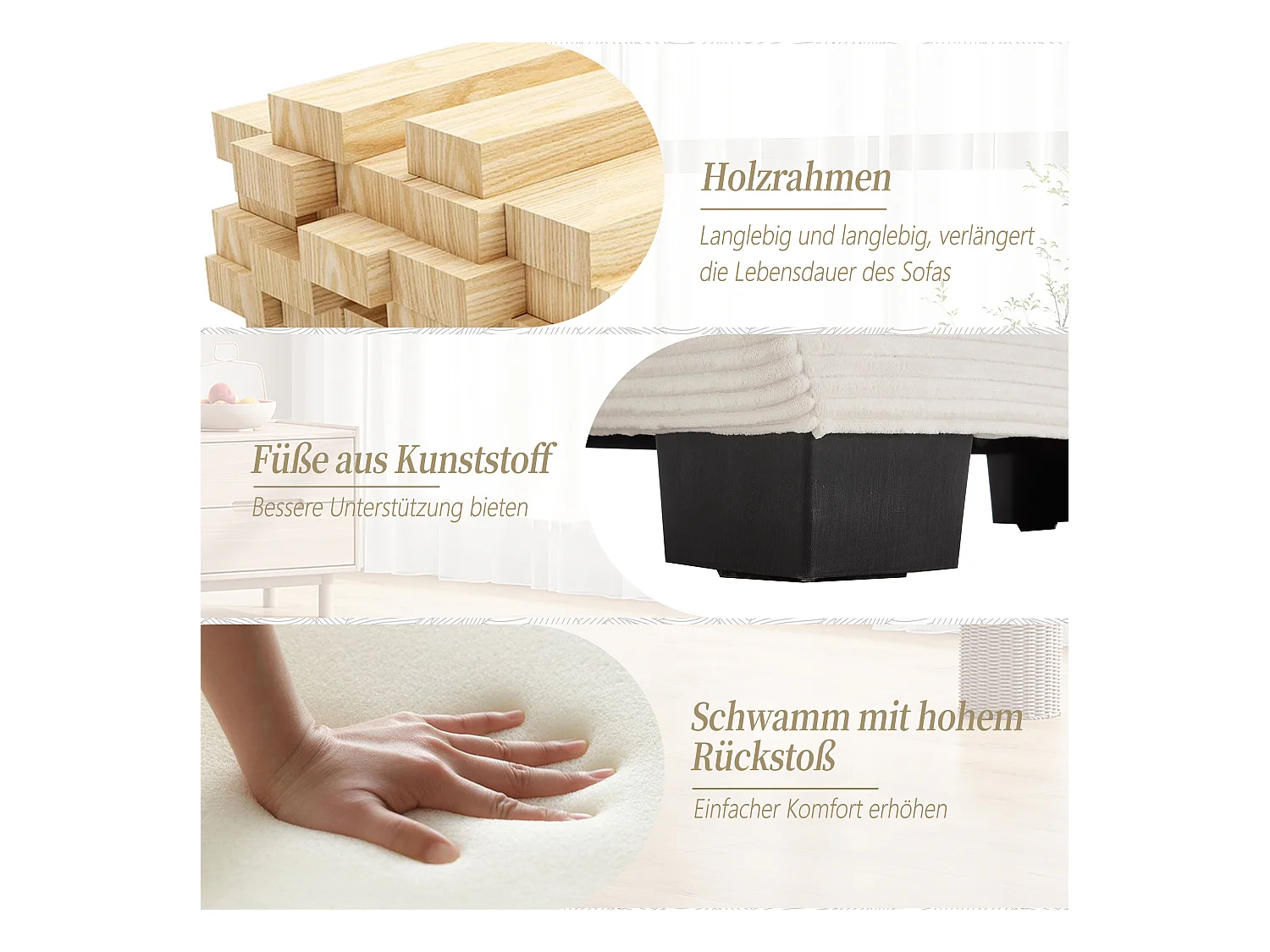 2-zitsbank met omvormbaar matras, in fluweel, met kussens en modern design, beige (lengte x breedte x hoogte cm)