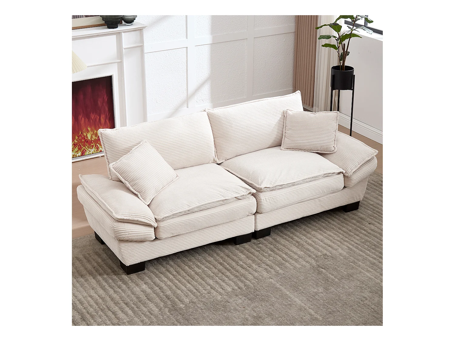 2-zitsbank met omvormbaar matras, in fluweel, met kussens en modern design, beige (lengte x breedte x hoogte cm)