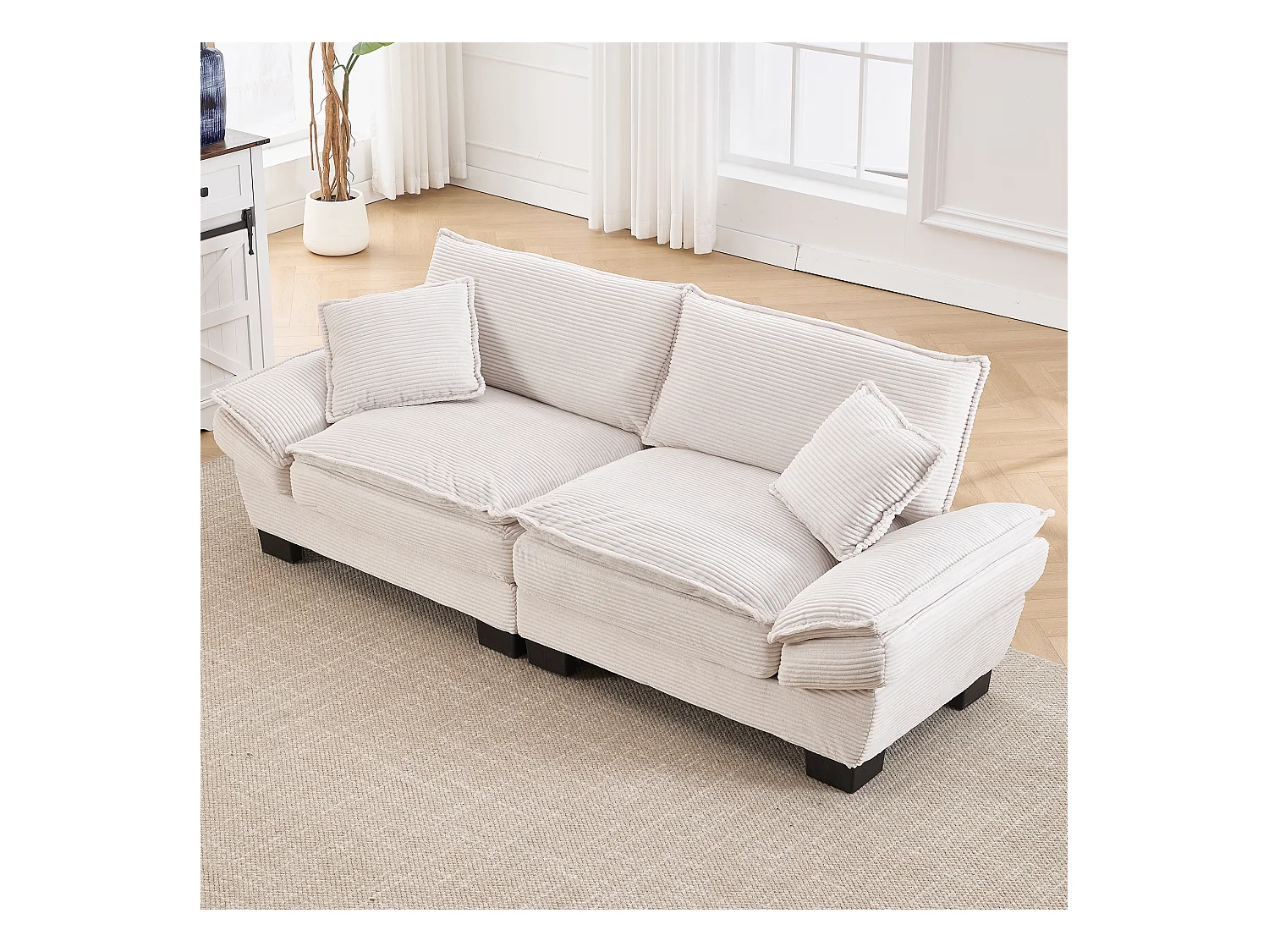 2-zitsbank met omvormbaar matras, in fluweel, met kussens en modern design, beige (lengte x breedte x hoogte cm)