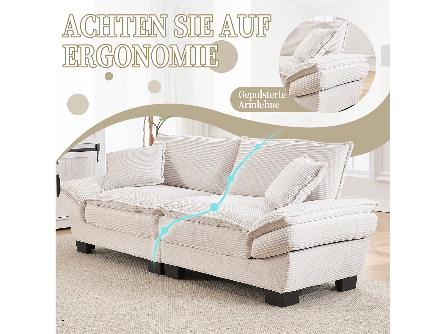 Canapé 2 places avec matelas convertible, en velours, avec coussins et design moderne, beige (longueur x largeur x hauteur cm)