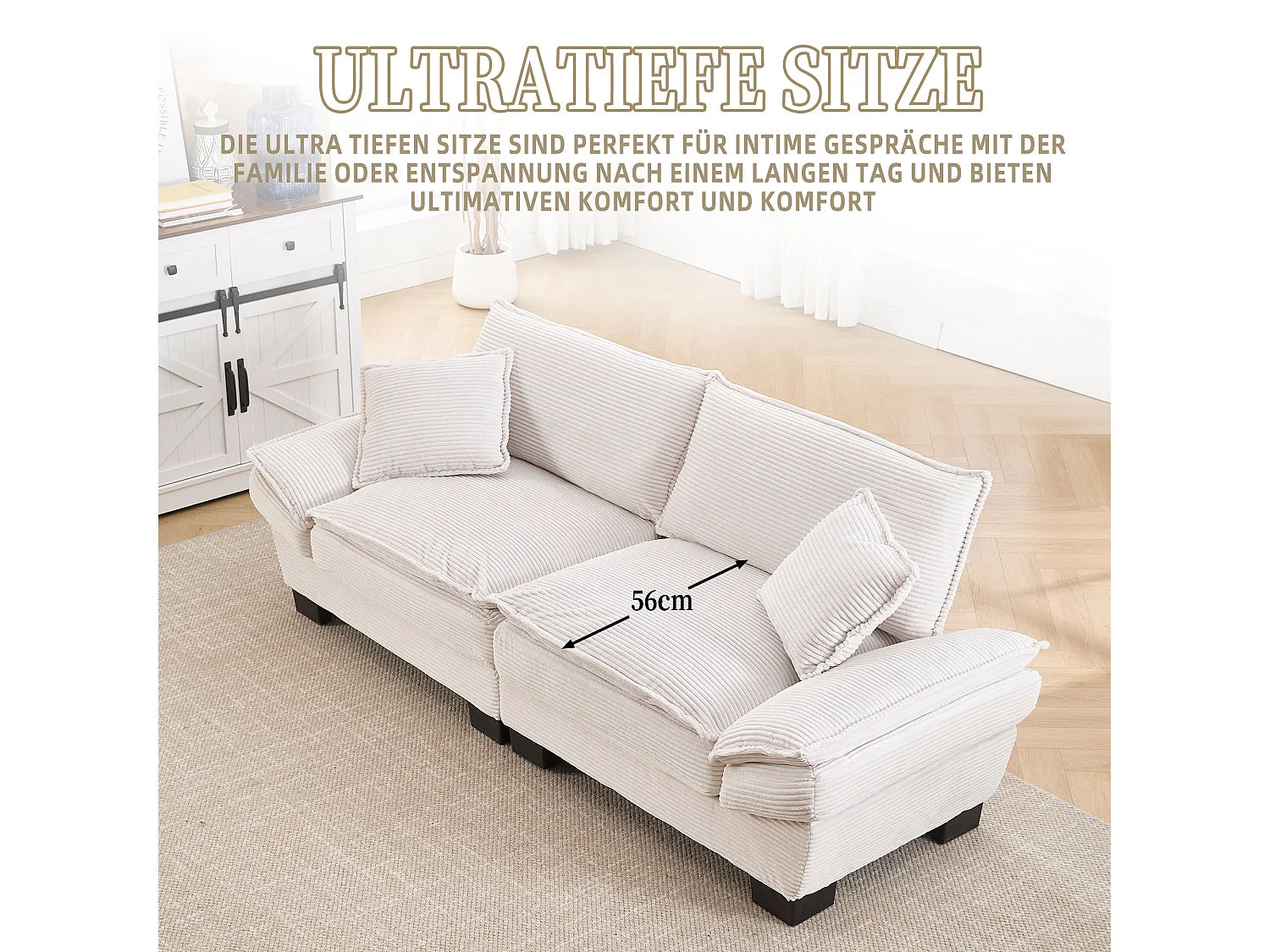 Canapé 2 places avec matelas convertible, en velours, avec coussins et design moderne, beige (longueur x largeur x hauteur cm)