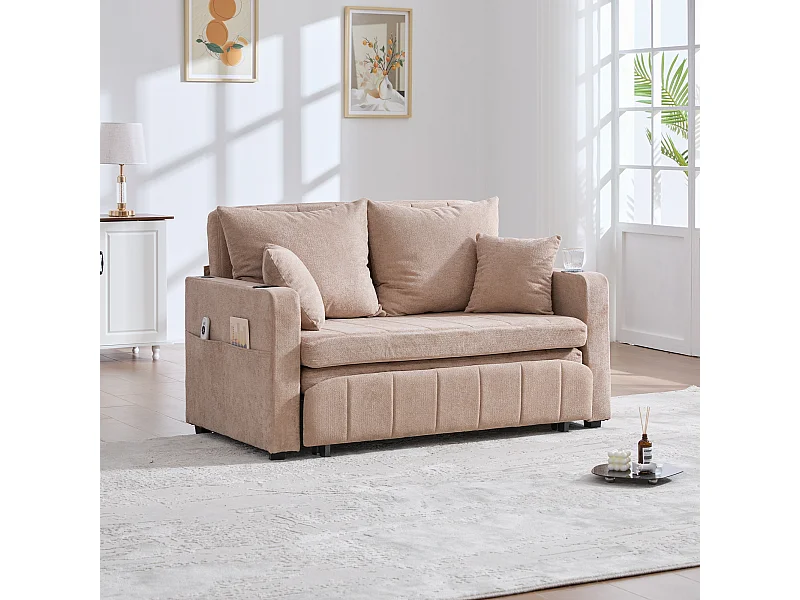 Sofá de tela multifuncional, convertible con almacenaje, funda desenfundable y lavable, con puerto USB y portavasos (139x73x83 cm)