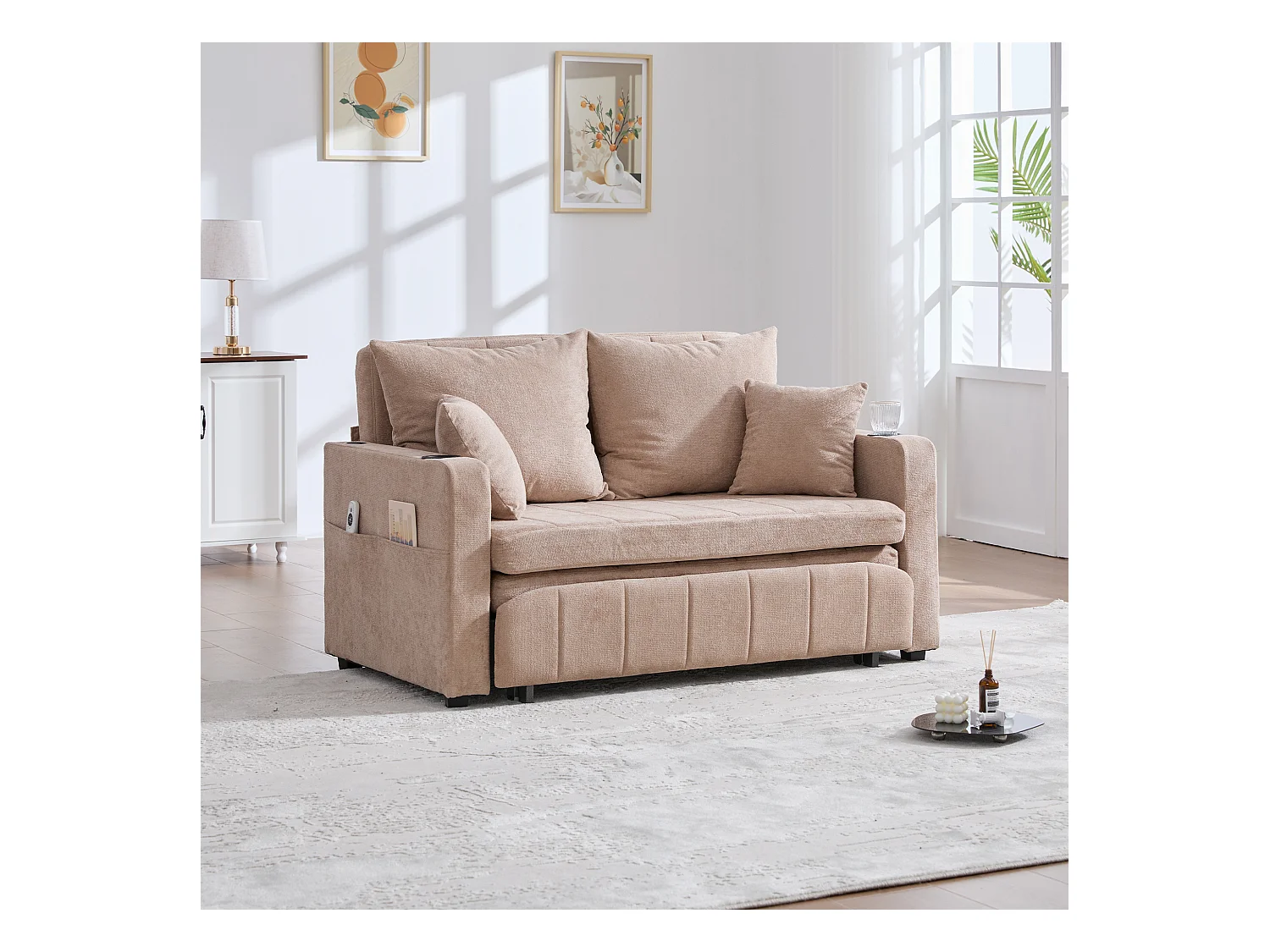 Canapé multifonction en tissu, convertible avec rangement, housse amovible et lavable, avec port USB et porte-gobelet (139x73x83 cm)