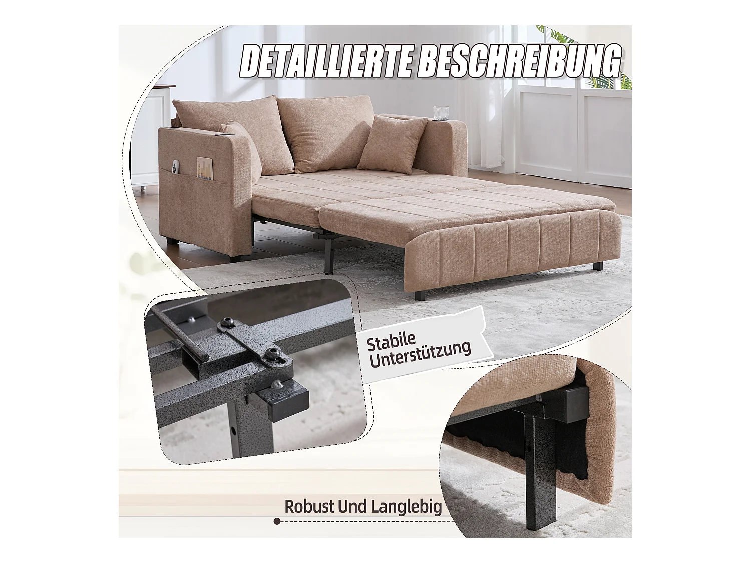 Canapé multifonction en tissu, convertible avec rangement, housse amovible et lavable, avec port USB et porte-gobelet (139x73x83 cm)