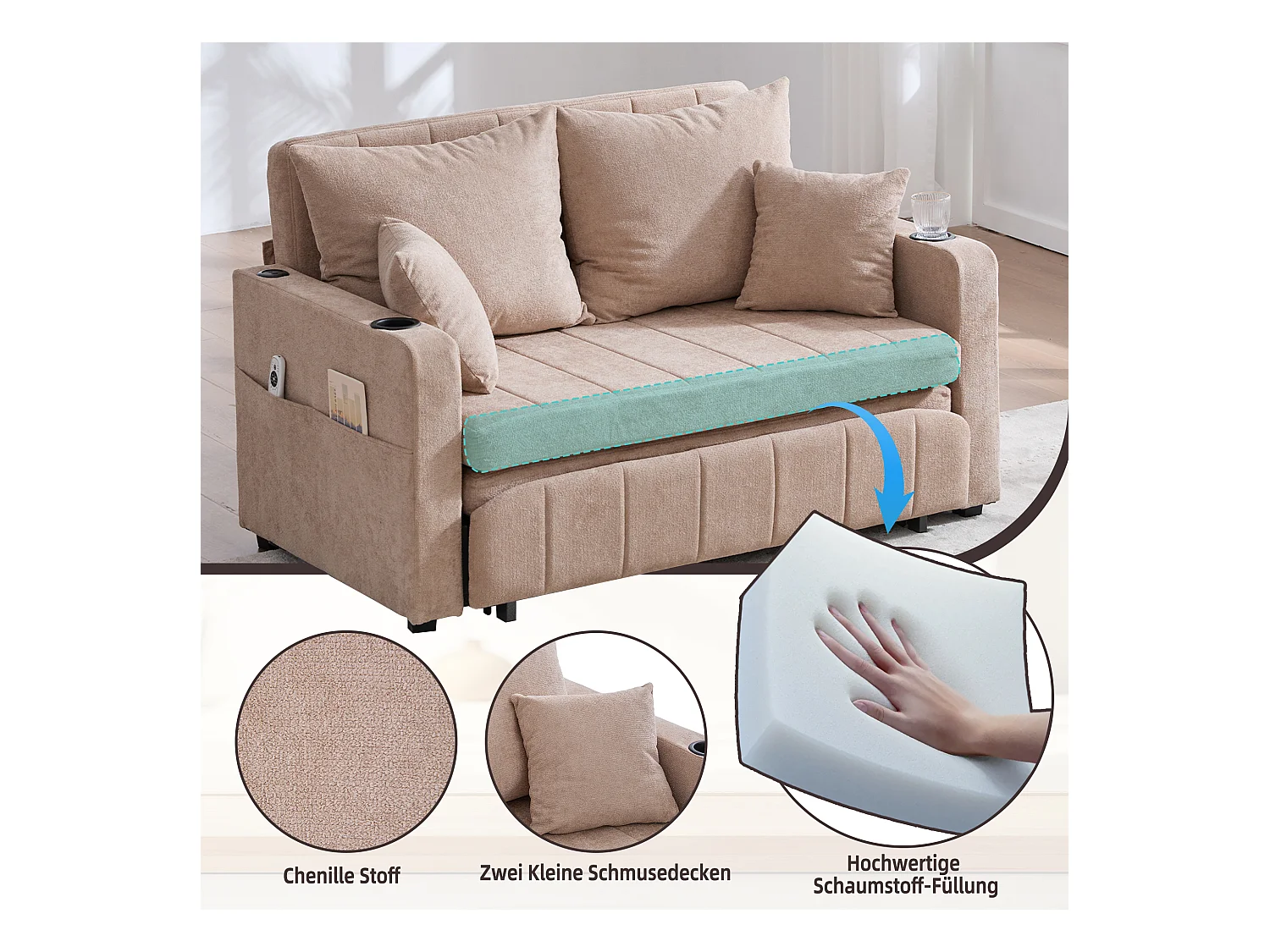 Canapé multifonction en tissu, convertible avec rangement, housse amovible et lavable, avec port USB et porte-gobelet (139x73x83 cm)