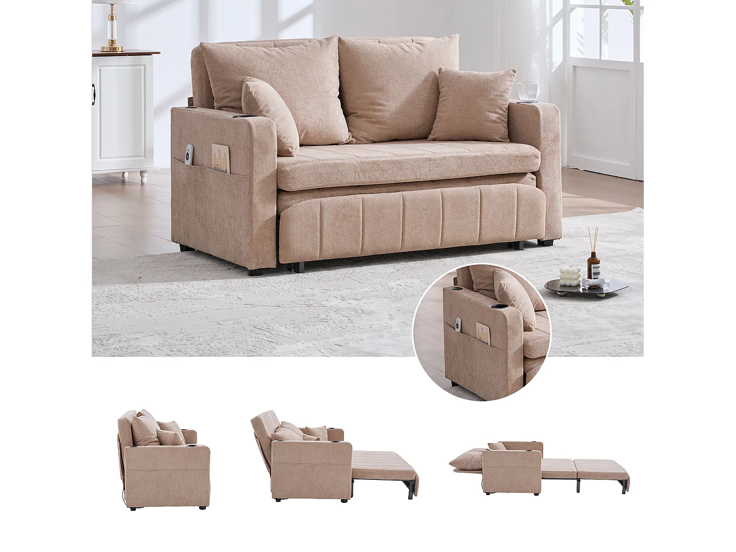 Canapé multifonction en tissu, convertible avec rangement, housse amovible et lavable, avec port USB et porte-gobelet (139x73x83 cm)