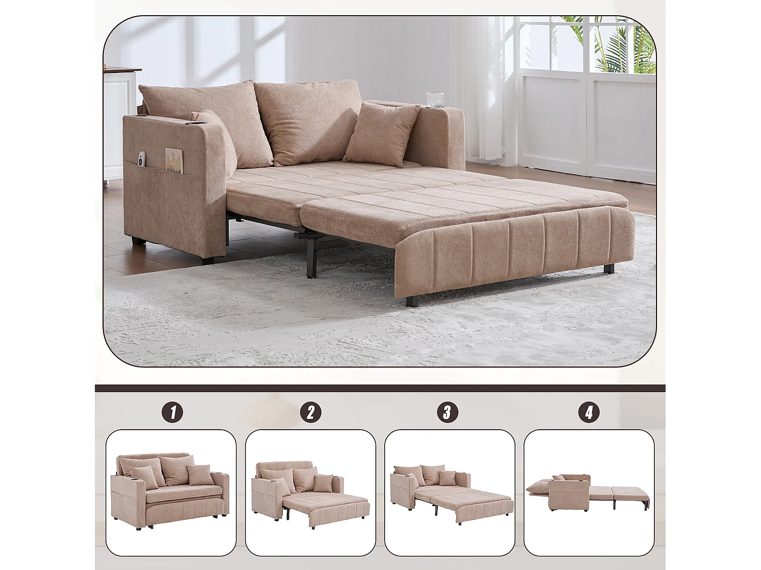 Divano multifunzionale in tessuto, trasformabile con contenitore, sfoderabile e lavabile, con porta USB e portabicchieri (139x73x83 cm)