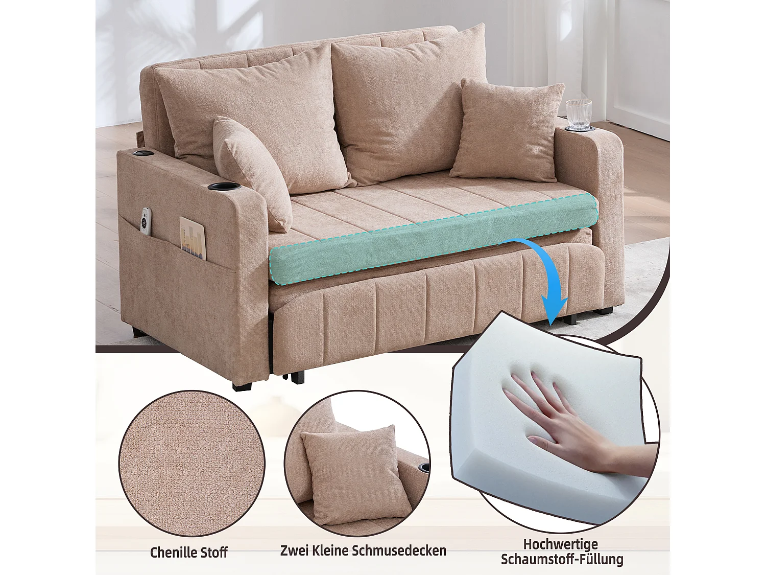 Divano multifunzionale in tessuto, trasformabile con contenitore, sfoderabile e lavabile, con porta USB e portabicchieri (139x73x83 cm)