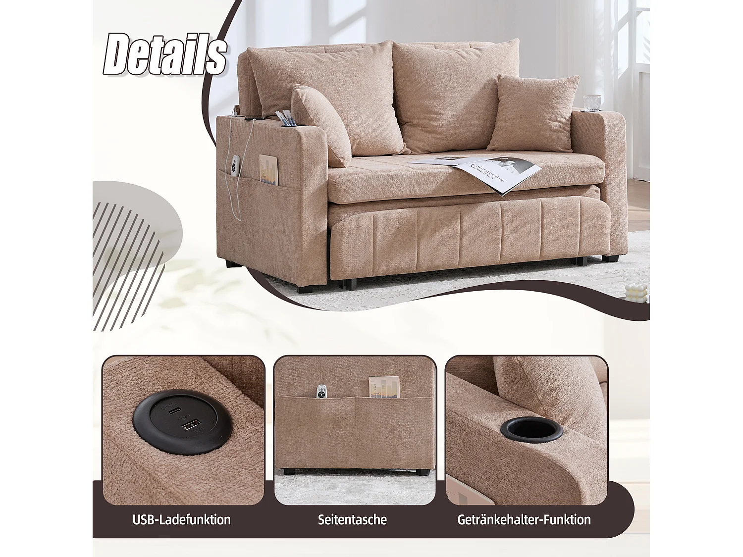 Divano multifunzionale in tessuto, trasformabile con contenitore, sfoderabile e lavabile, con porta USB e portabicchieri (139x73x83 cm)