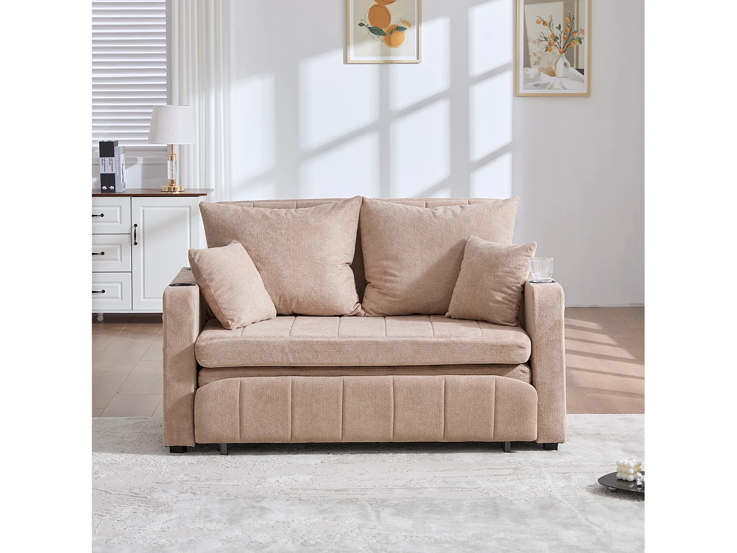 Divano multifunzionale in tessuto, trasformabile con contenitore, sfoderabile e lavabile, con porta USB e portabicchieri (139x73x83 cm)