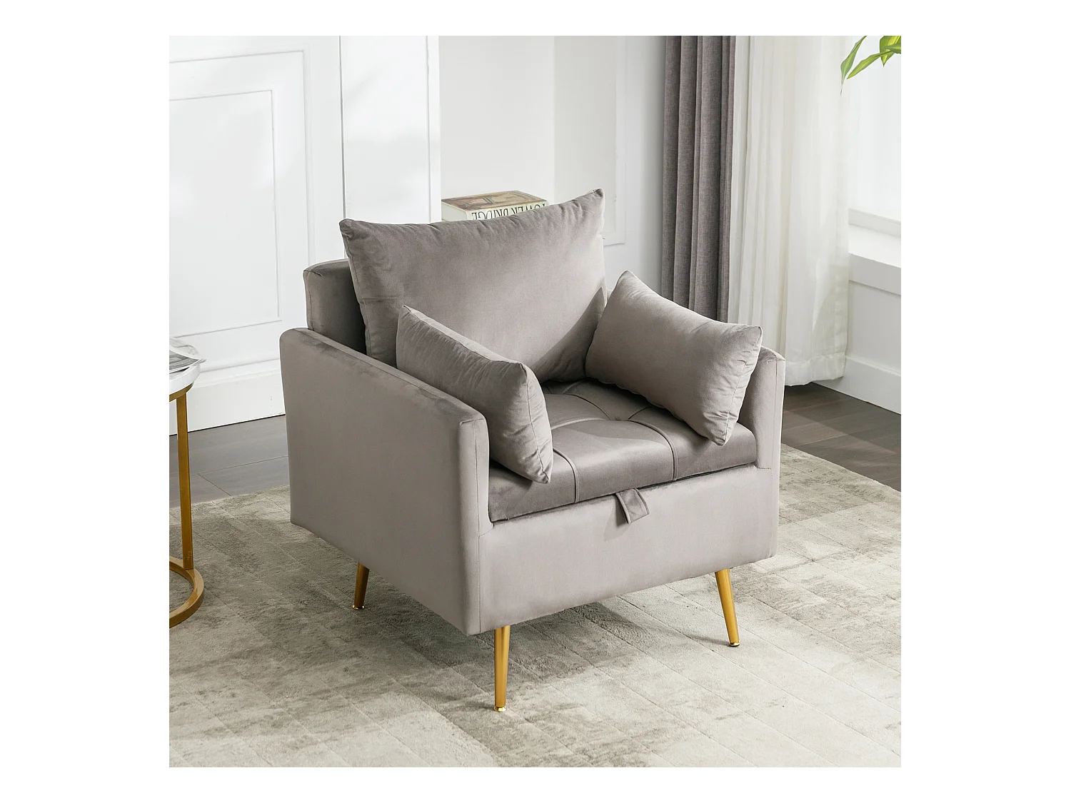Sillón moderno de terciopelo, con cojín, almacenaje integrado, metal dorado, gris (71x71x76 cm)