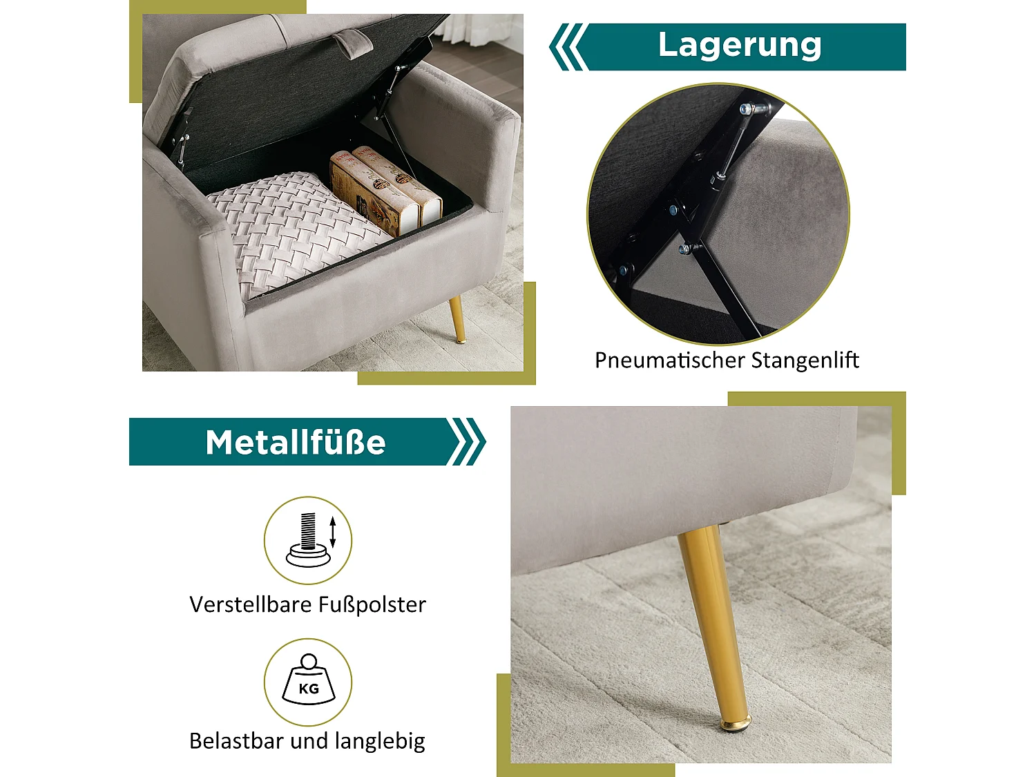 Moderne fluwelen fauteuil, met kussen, geïntegreerde opbergruimte, goudkleurig metaal, grijs (71x71x76 cm)