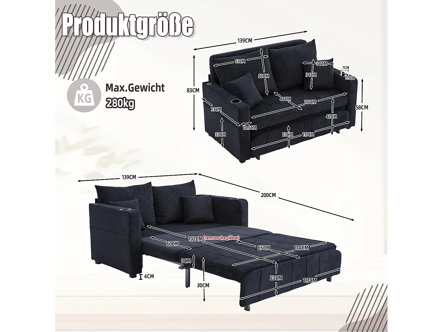 Canapé multifonction en tissu, convertible avec rangement, housse amovible et lavable, avec port USB et porte-gobelet (139x73x83 cm)