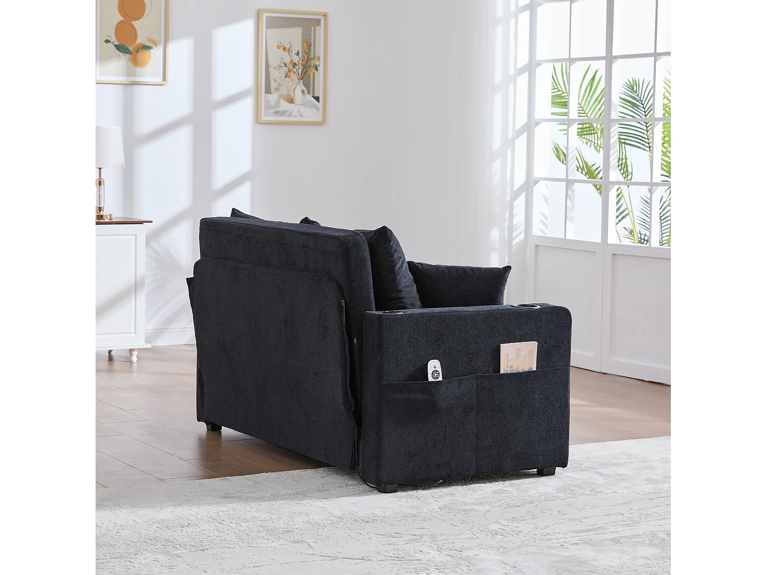 Canapé multifonction en tissu, convertible avec rangement, housse amovible et lavable, avec port USB et porte-gobelet (139x73x83 cm)
