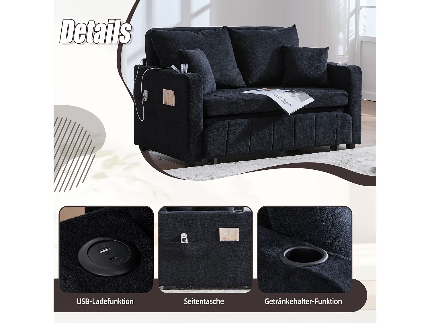 Sofá de tela multifuncional, convertible con almacenaje, funda desenfundable y lavable, con puerto USB y portavasos (139x73x83 cm)