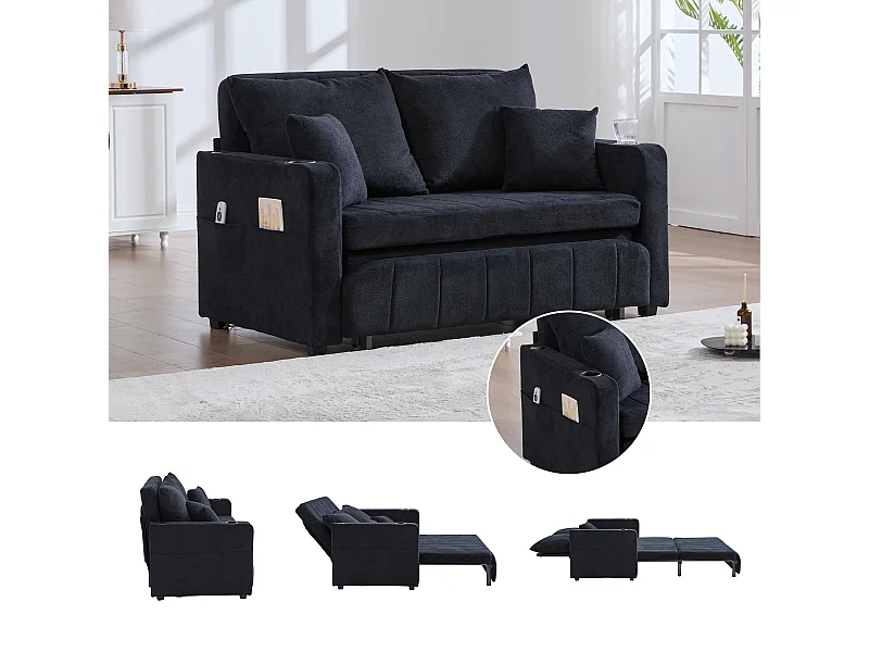 Canapé multifonction en tissu, convertible avec rangement, housse amovible et lavable, avec port USB et porte-gobelet (139x73x83 cm)