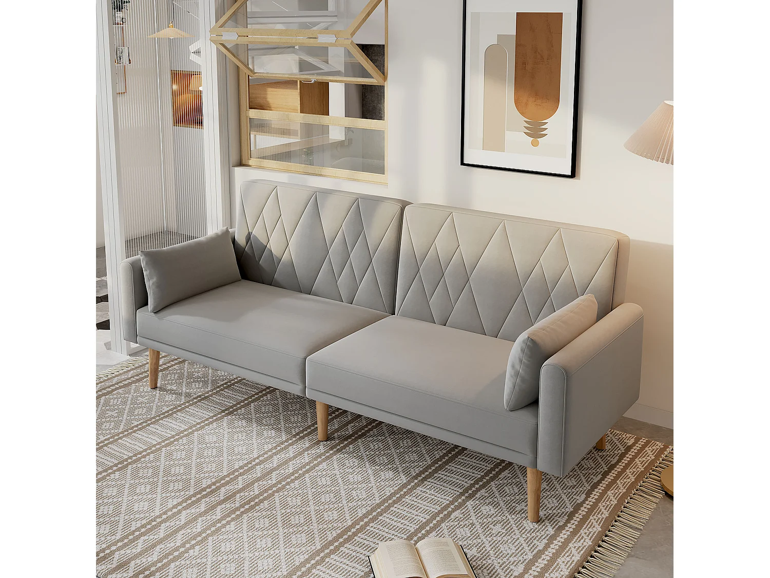 Kleine bank, 2-zits slaapbank, met slaapfunctie, in fluweel, grijs (180x75x82 cm)