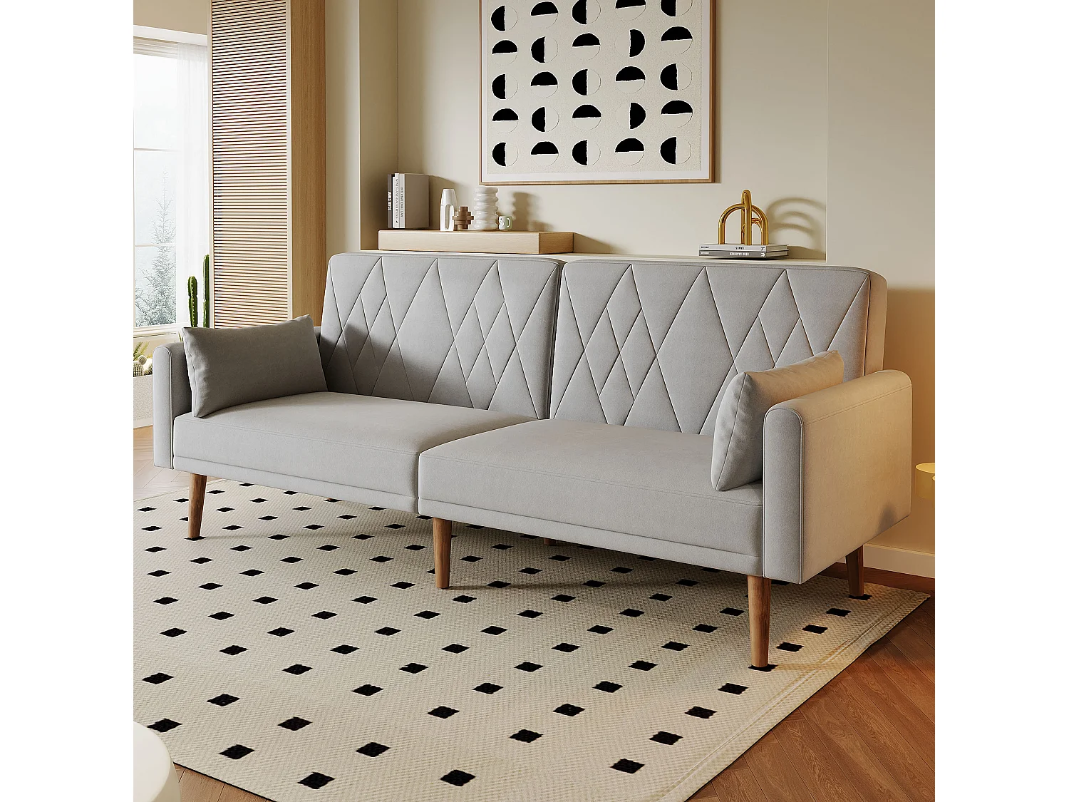 Kleine bank, 2-zits slaapbank, met slaapfunctie, in fluweel, grijs (180x75x82 cm)