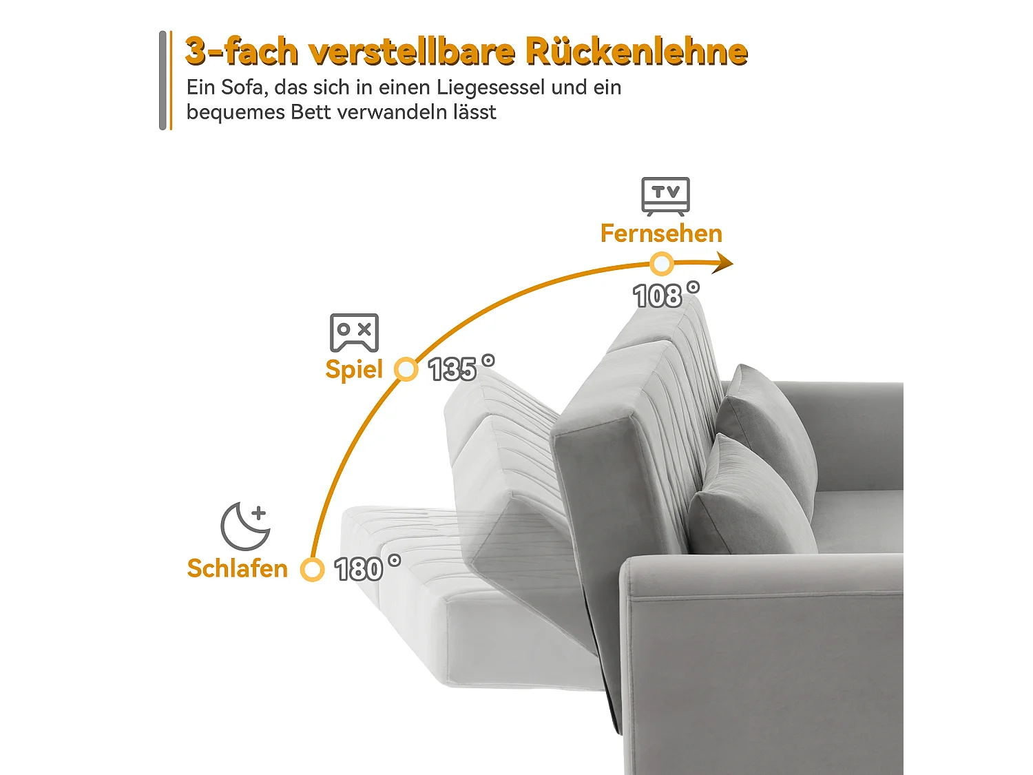 Kleine bank, 2-zits slaapbank, met slaapfunctie, in fluweel, grijs (180x75x82 cm)