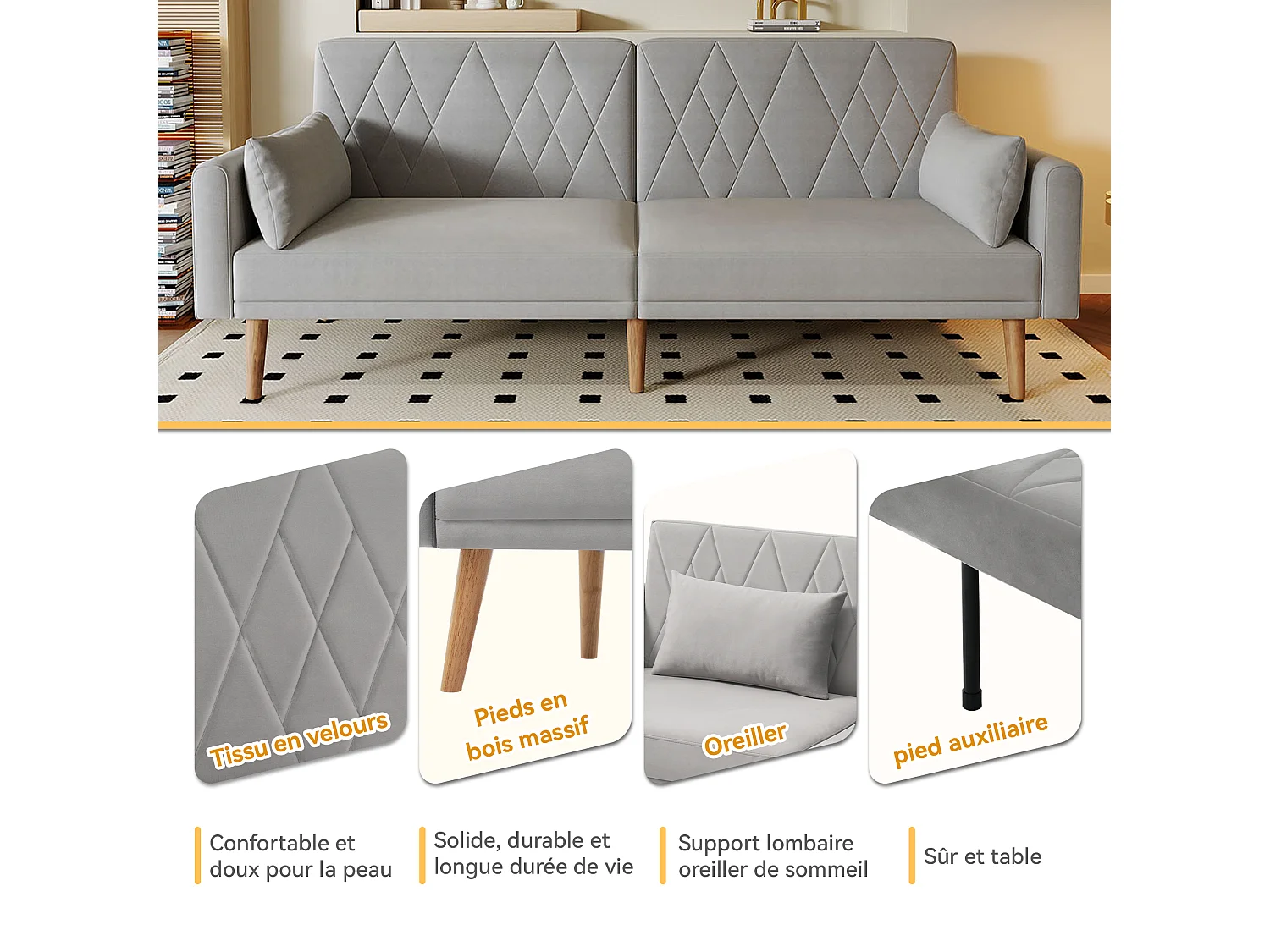 Kleine bank, 2-zits slaapbank, met slaapfunctie, in fluweel, grijs (180x75x82 cm)